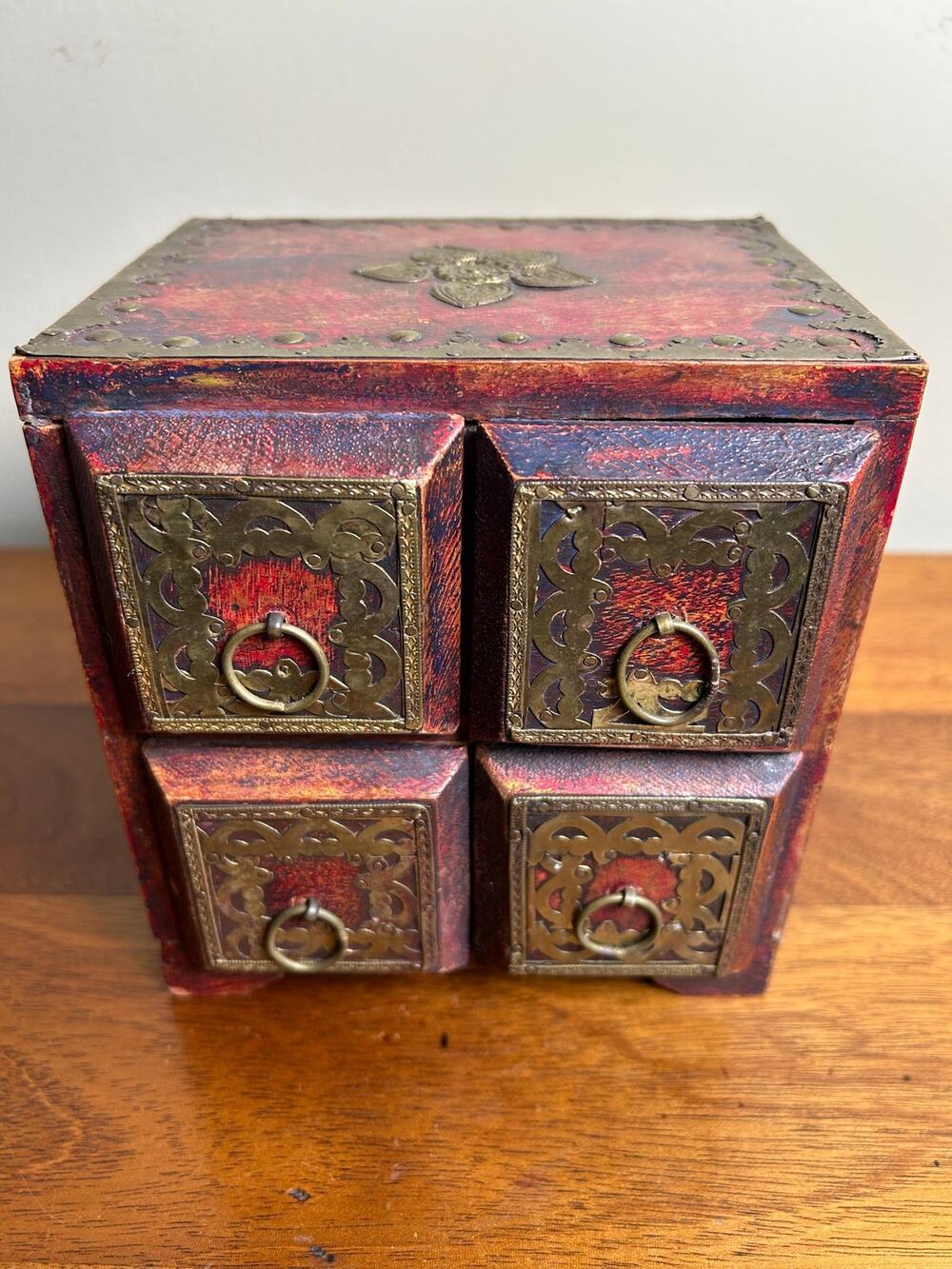 Vintage Chinese Wooden Jewelry Box Red Black Lacquer 4 Drawer Chest